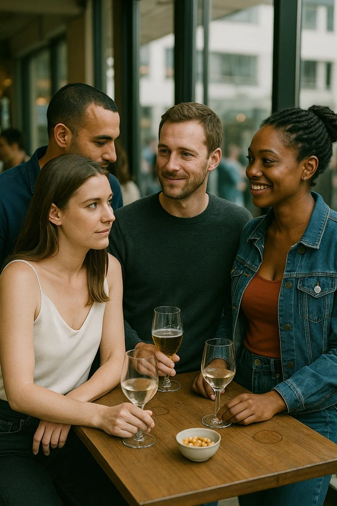Quatre adultes attablés près de la baie vitrée d’un café lumineux, un verre de vin blanc à la main, en pleine conversation