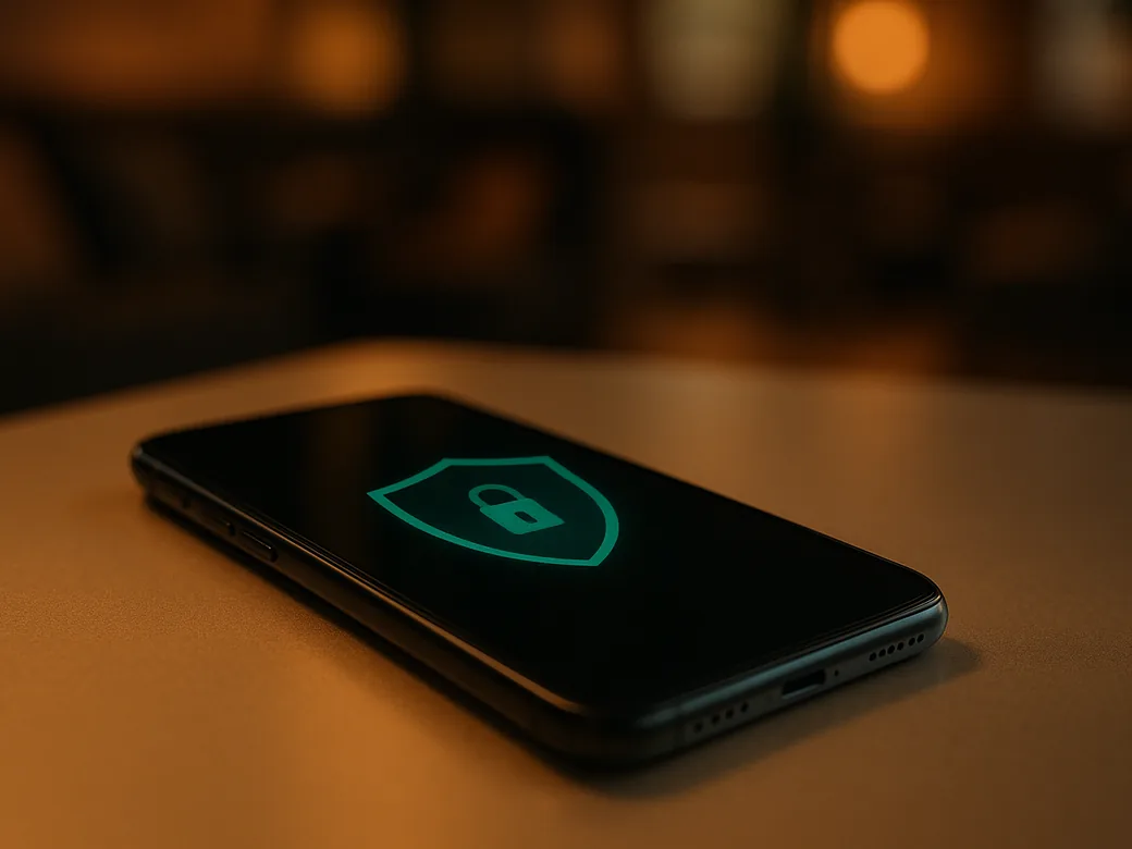 Téléphone posé sur une table, écran affichant un bouclier vert — symbole de confidentialité