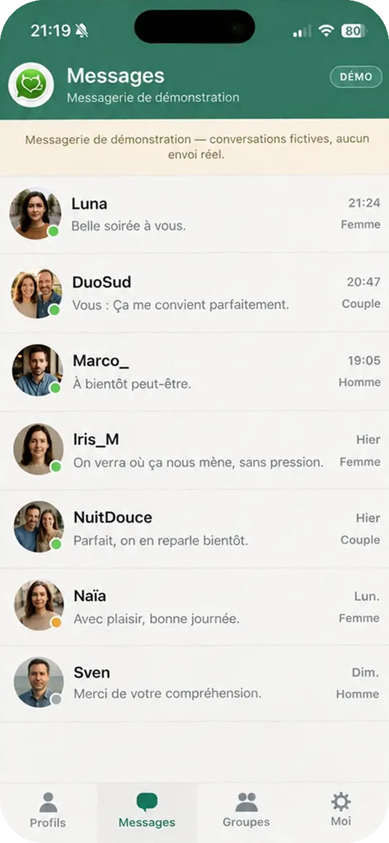 L’écran de messagerie privée de démonstration de l’application Baza, avec la liste des conversations