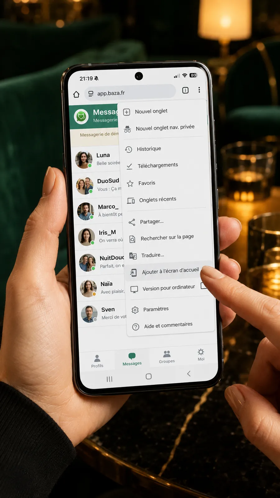 Menu de Chrome ouvert sur Android : option Ajouter à l’écran d’accueil mise en évidence