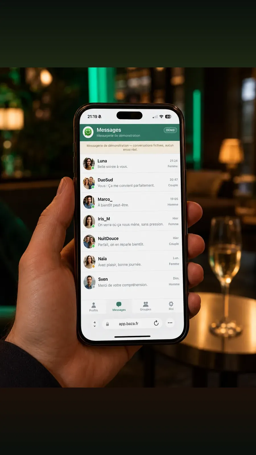 iPhone en main : l’application Baza ouverte sur app.baza.fr dans Safari