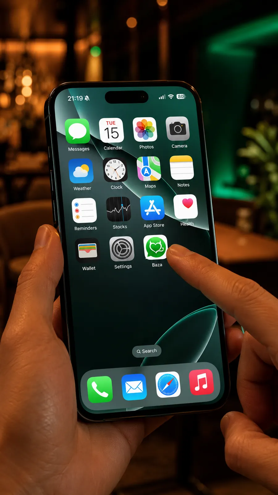 Écran d’accueil d’un iPhone : l’icône de l’application Baza est installée
