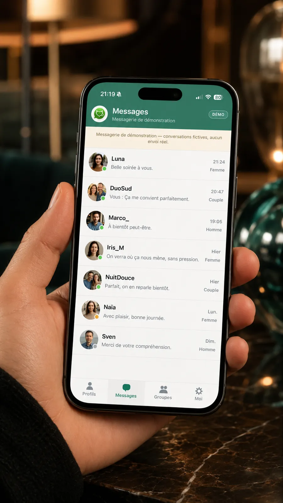 L’application Baza ouverte sur un iPhone tenu en main : l’écran de messagerie privée de démonstration, avec la liste des conversations