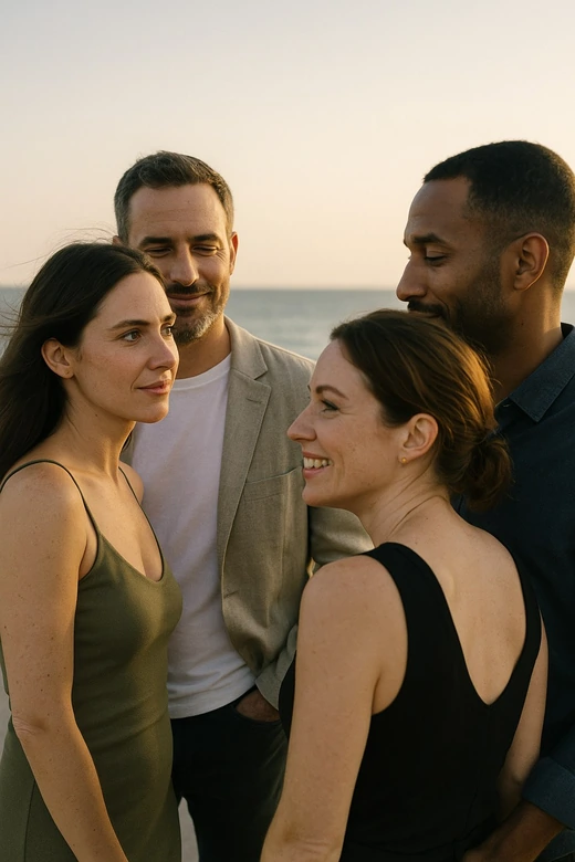 Quatre adultes debout au bord de la mer à l’heure dorée, en train de discuter