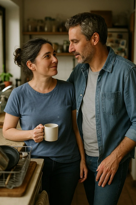 Un couple dans une cuisine le matin, une tasse à la main, tournés l’un vers l’autre