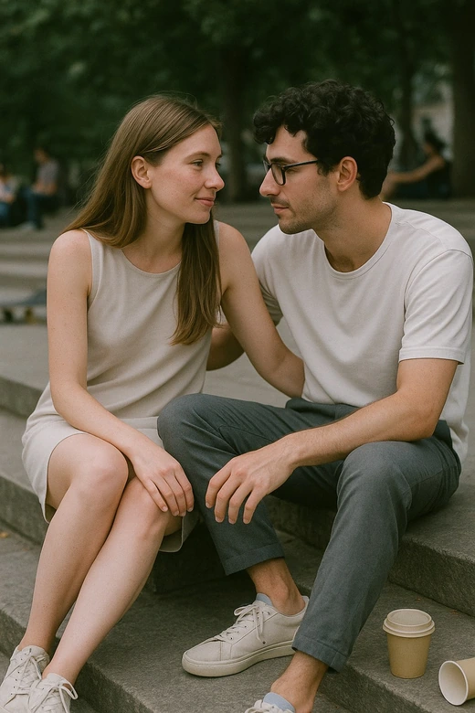 Un couple assis sur les marches d’un parc en fin de journée, un gobelet de café posé à côté d’eux