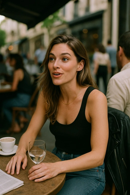 Une femme seule à la terrasse d’un café en ville, une tasse et un verre d’eau devant elle