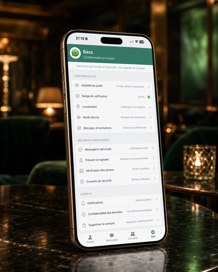 Écran des réglages Confidentialité et compte de l’application Baza sur iPhone