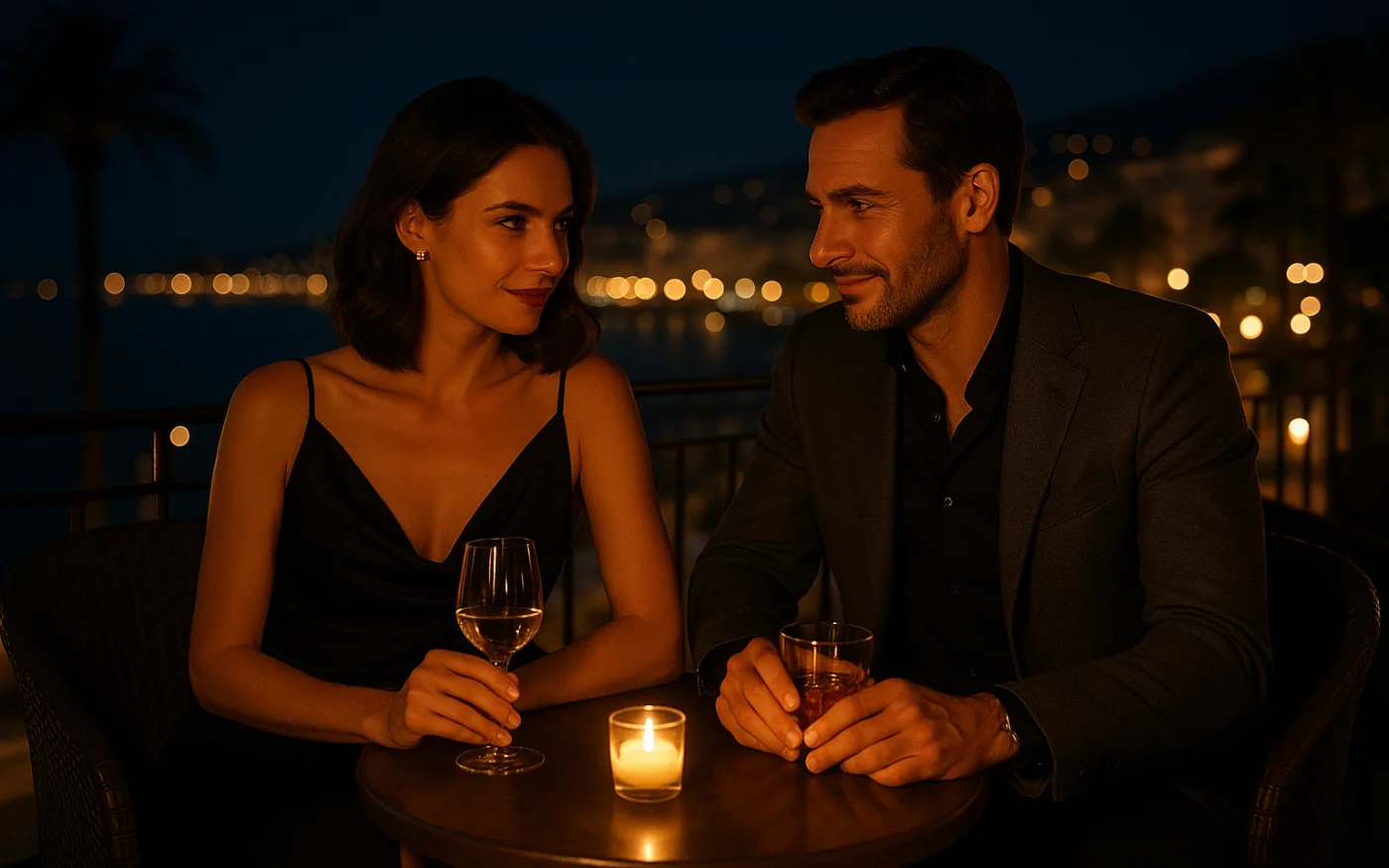 Groupe d’adultes élégants au coucher du soleil sur une terrasse méditerranéenne, ambiance conviviale